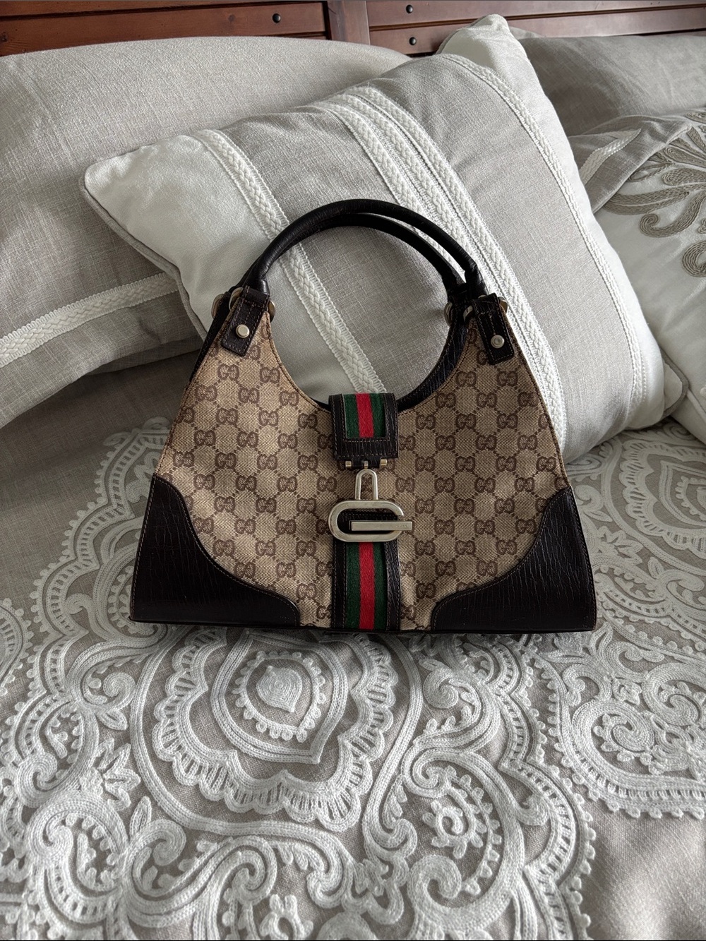 Gucci Beige GG Canvas AuthenticShoulder Bag with Brown Leather and Green-Red Web